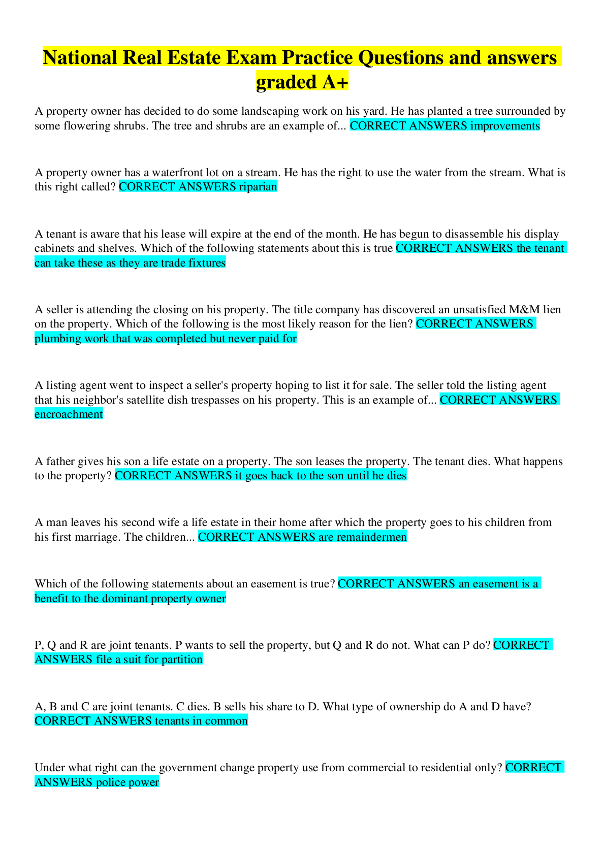 Preview image for National Real Estate Exam Practice Questions and answers graded A+